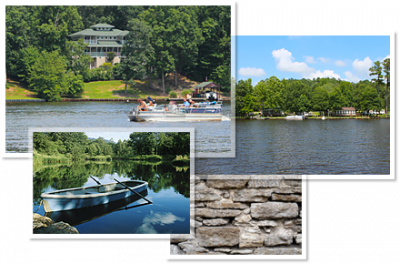 Four photo collage including a rowboat, the lake, the bricks and a house with a boat passing by